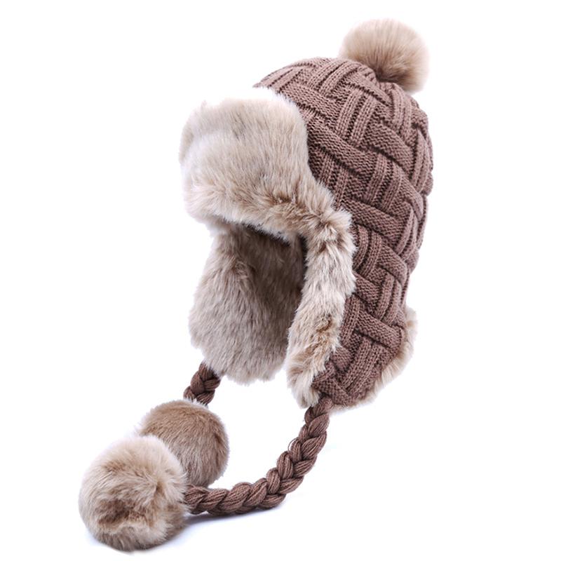 Phụ Nữ Người Đánh Bẫy Nón Mùa Đông Ấm Giả Cáo Lông Máy Bay Ném Bom Nón Beanies Nga Ushanka Len Đan Pom Pom Earflaps Aviator Mũ Lưỡi Trai