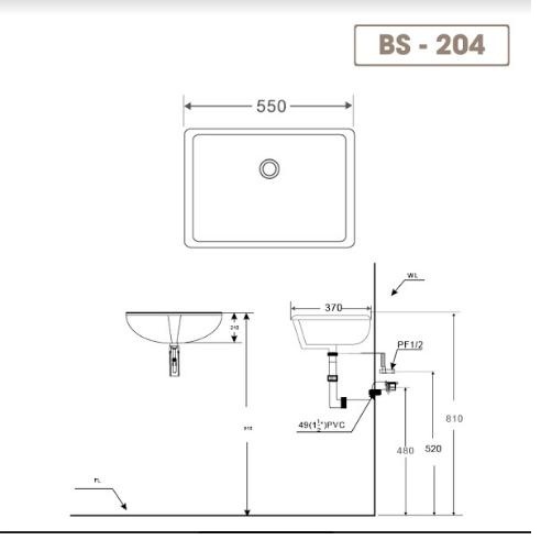 Chậu lavabo rửa mặt âm bàn BS-204 sản phẩm chỉ gồm phần sứ (vòi gắn trên bàn đá)