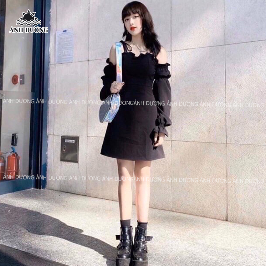 Đầm trễ vai 2 dây cột nơ 2 màu trắng đen thích hợp đi chơi hẹn hò