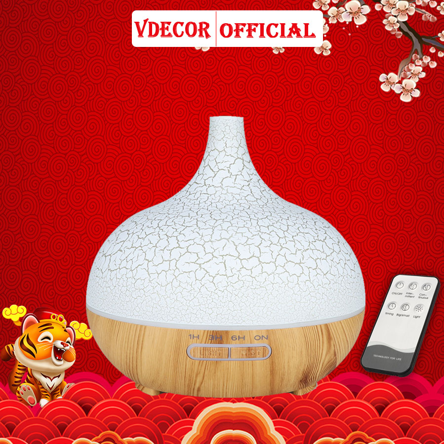 (Hàng chính hãng) Máy xông tinh dầu Vdecor cổ cao rạn dung tích 500ml tích hợp remote và led 7 màu