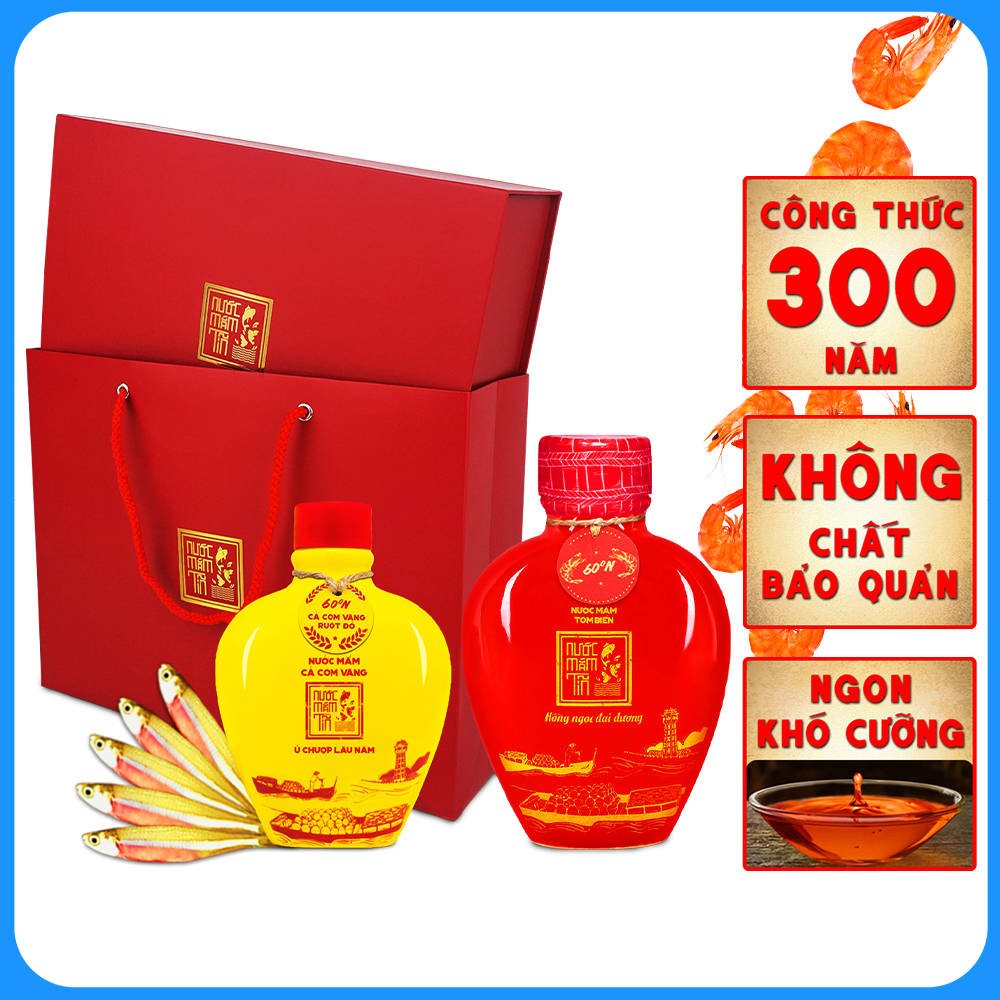 Đặc Sản Phan Thiết - Set 1 Giỏ Quà Đậm Đà Tình Thân Nước Mắm Tôm Biển Bình Gốm Đỏ 60N Và Cá Cơm Vàng Ruột Đỏ Bình Gốm Vàng 60N