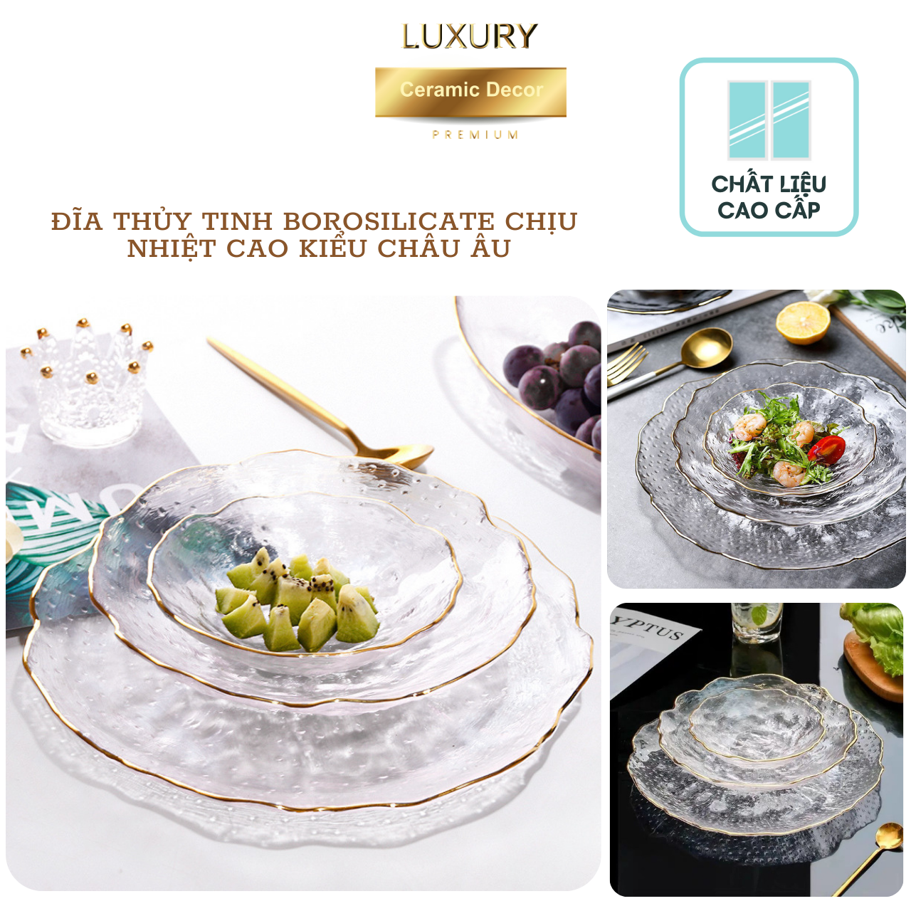 Đĩa Thủy Tinh BOROSILICATE Chịu Nhiệt Cao Kiểu Châu Âu Combo 3 Sets LUXURY - Hàng Nhập Khẩu