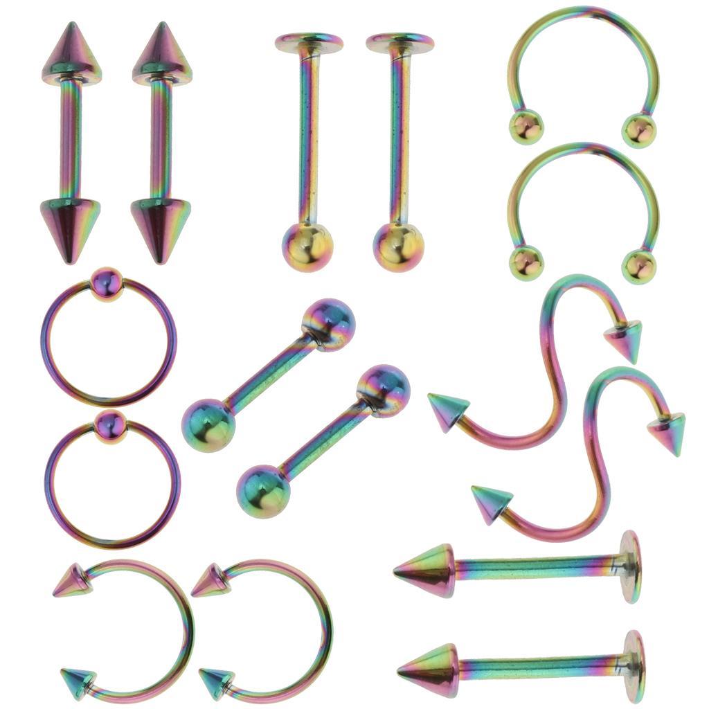 16pcs 16G Stainless Steel Curved Barbell Spike Nose Navel Eyebrow Tongue Ring