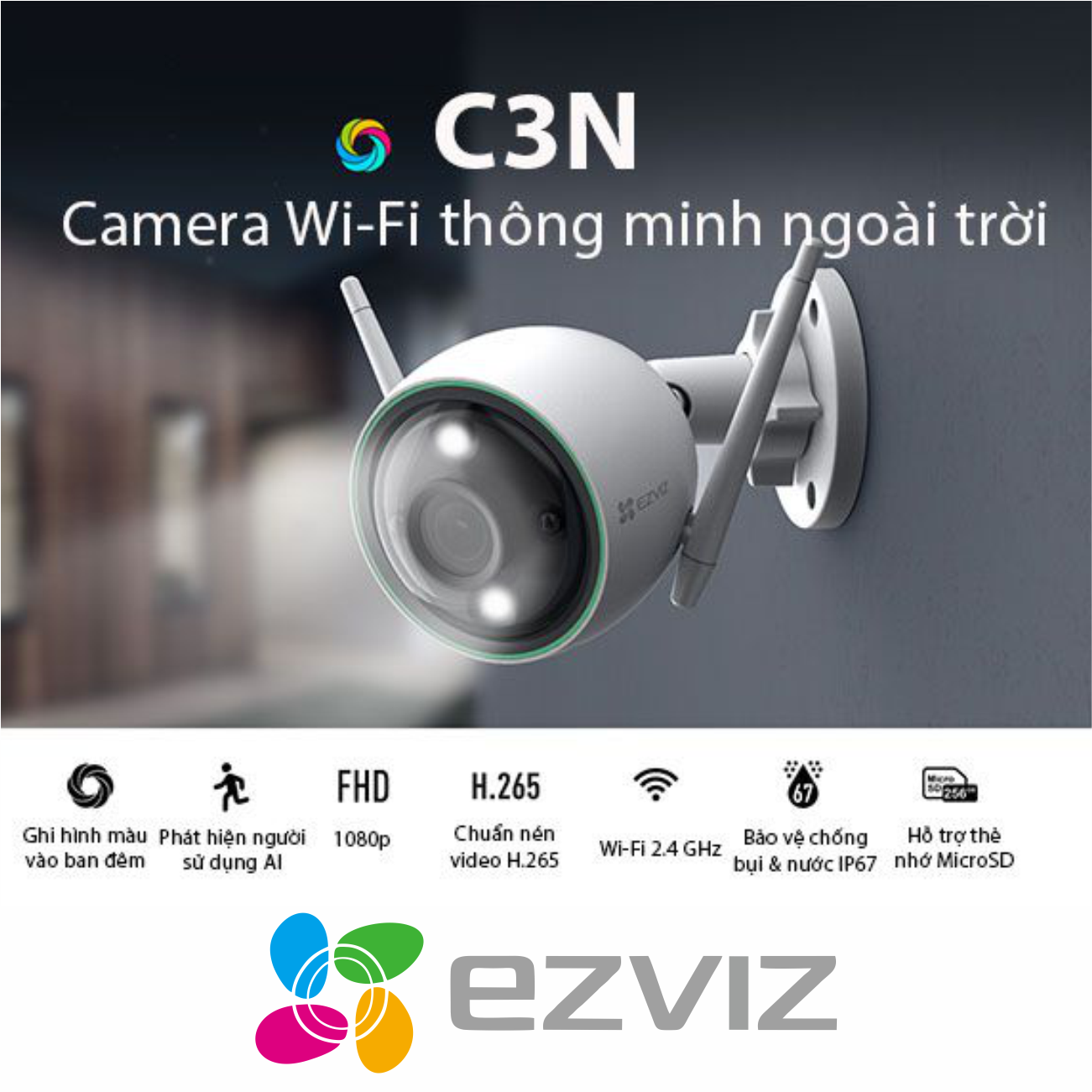 Camera EZVIZ C3N 1080P, WIFI, Chống Nước IP67, Ghi Gình Ban Đêm Có Màu, Tích Hợp AI, Chuẩn Nén Video H.265 - Hàng Chính Hãng