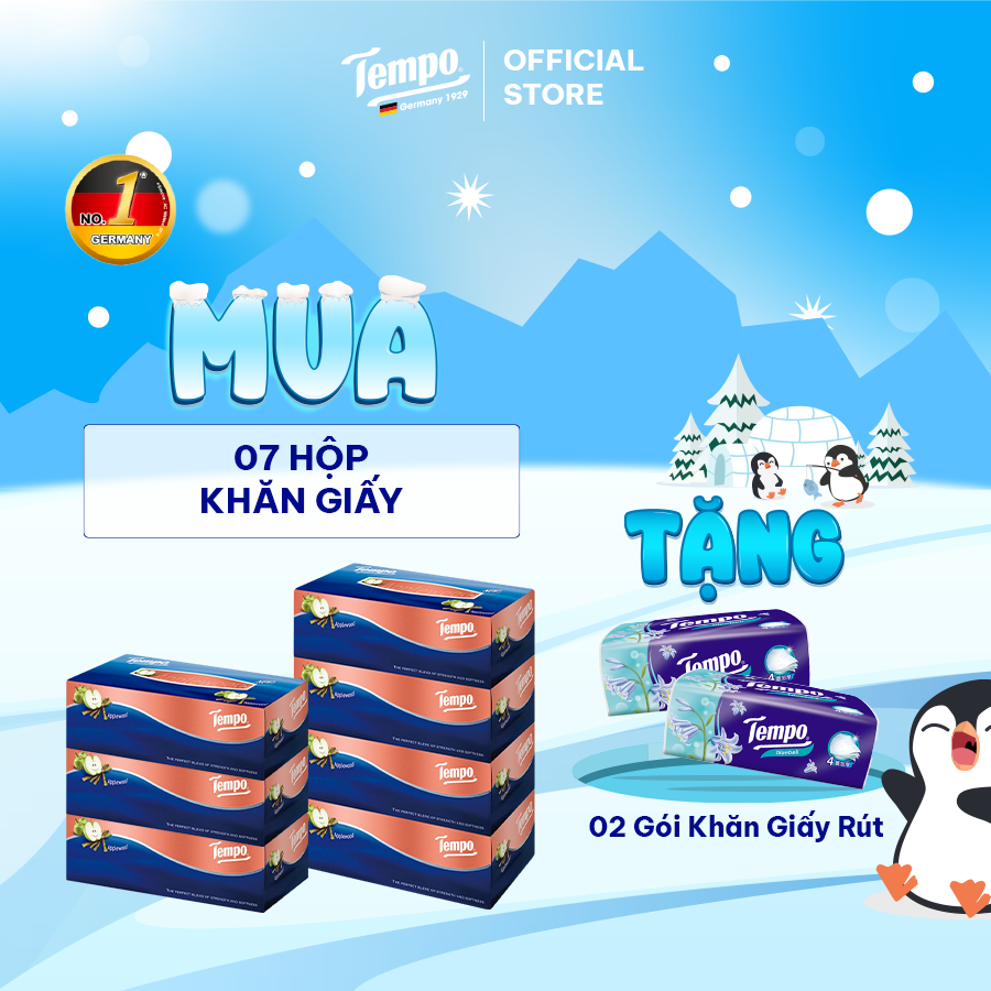 [MUA 7 HỘP TẶNG 1 HỘP + 1 BĂNG ĐÔ THỎ +  1 CHAI LĂN 25ML] Khăn giấy hộp Rút Cao Cấp Tempo - 3 lớp bền dai, không kích ứng da - Thương hiệu Đức - Hương Gỗ táo