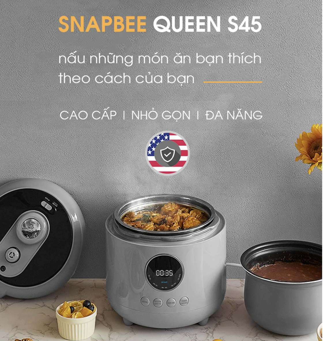 Nồi Áp Suất Điện Thông Minh SNAPBEE QUEEN S45 Thương Hiệu Mỹ, 16 Chức Năng Tích Hợp Dung Tích 4.5 Lít, Công Suất 1000 W - Hàng Chính Hãng