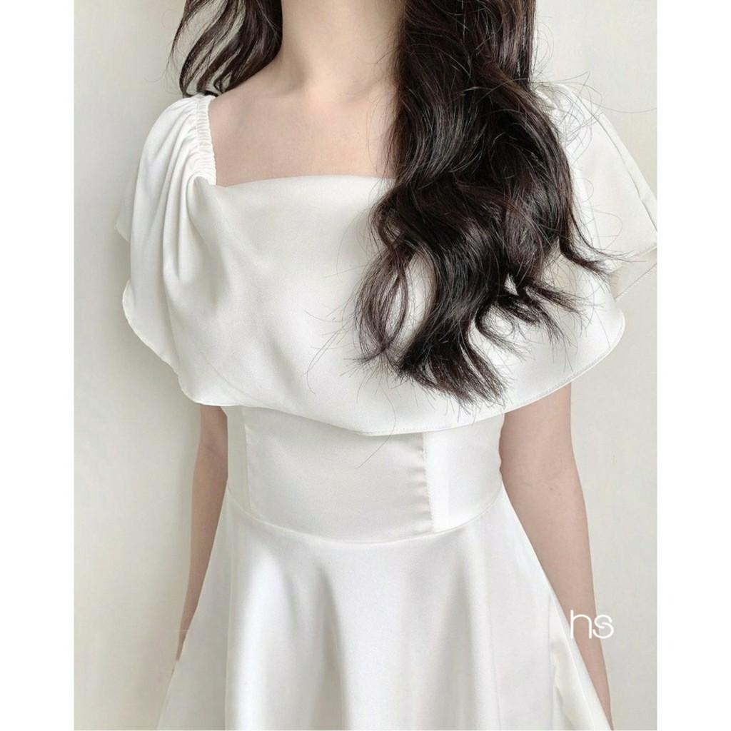 Đầm suông nữ liền thân cổ vuông, chất đũi-dáng xoè