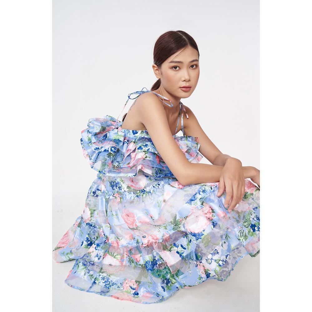 DOTTIE - Đầm hoa vải ogranza nhún bèo ngực nữ xanh biển D0371