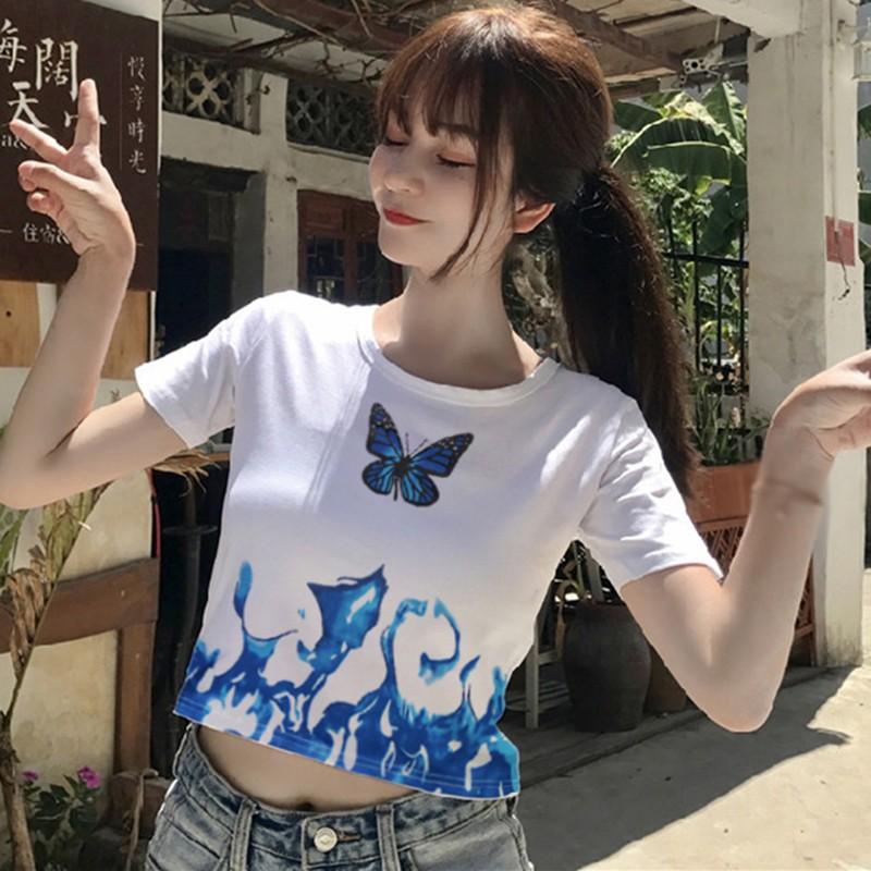 Áo Thun Tay Ngắn In Hình Bướm Phong Cách Retro Cho Nữ