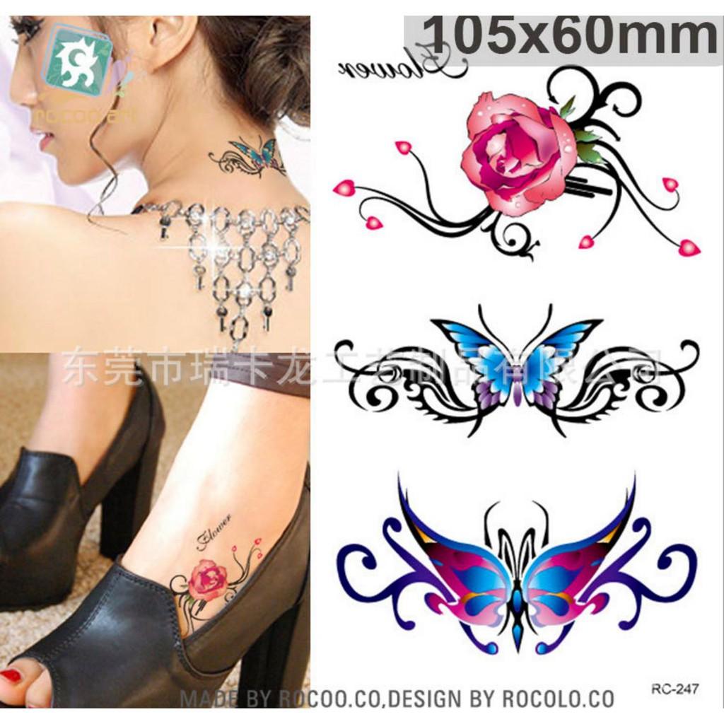 Hình xăm dán hoa hồng bướm xinh 10x6cm