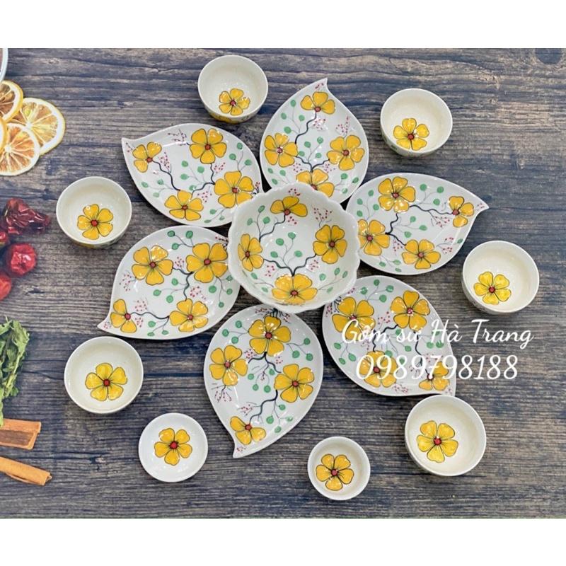 Bộ bát đĩa gốm sứ Bát Tràng cao cấp không chì hoa 6 cánh vẽ hoa vàng