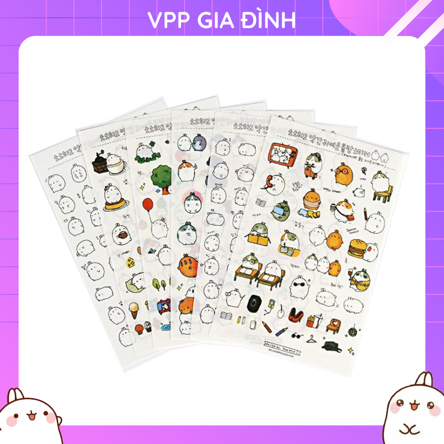 Bộ 6 Tấm Nhãn Dán Sticker Thỏ Molang Cute Trang Trí Lịch Planner Scrapbook V1