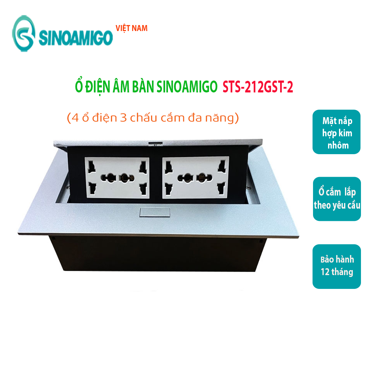 Hộp điện âm bàn văn phòng, bàn làm việc Sinoamigo STS-212GTS-2, gồm 4 ổ cắm 3 chấu đa năng