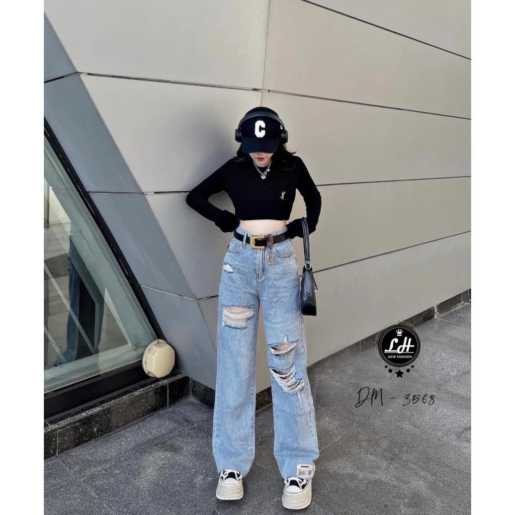 Quần jean nữ ống rộng, quần bò lưng cao màu xanh rách tua rua 2 gối xả lai có tag Lê Huy Fashion MS 3568