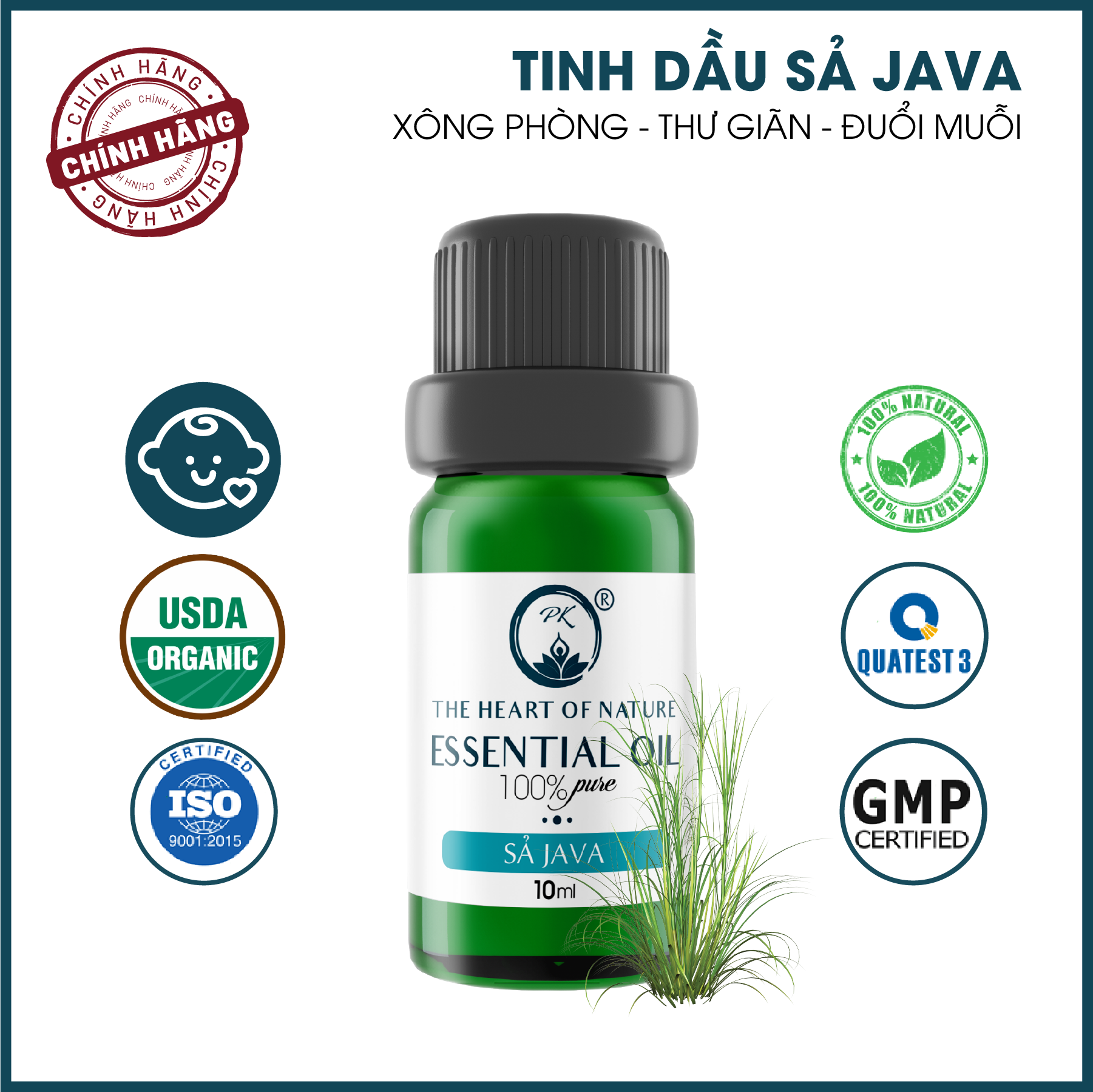 Tinh Dầu Cao Cấp Sả Java PK 100ml - Tinh Dầu Sả Java Thơm Phòng, Đuổi Muỗi, Thư Giãn - Chứng Nhận Hữu Cơ Organic FDA Hoa Kỳ duy nhất Việt Nam