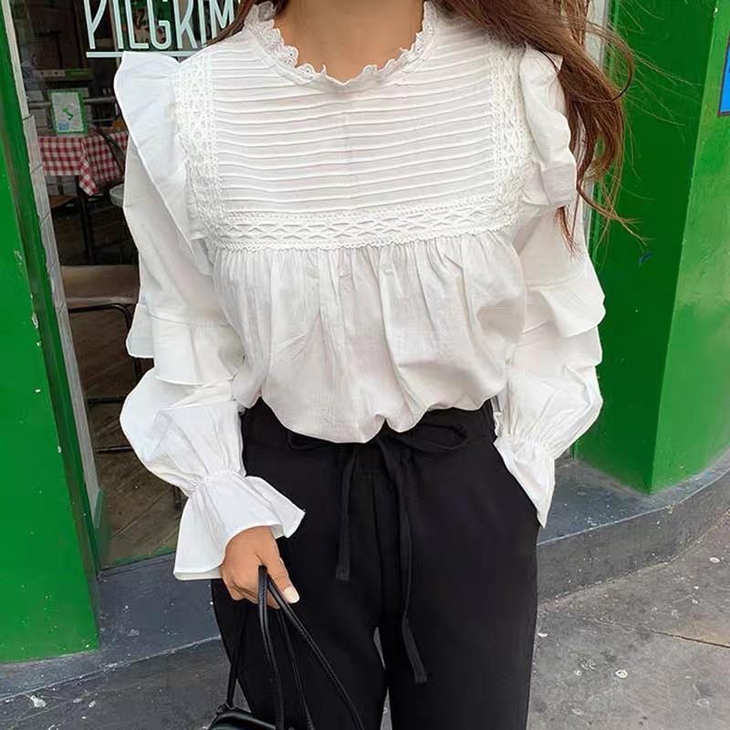 Áo babydoll tiểu thư ulzzang - Áo sơ mi kiểu bèo vai cánh tiên tay phối bèo xinh xắn