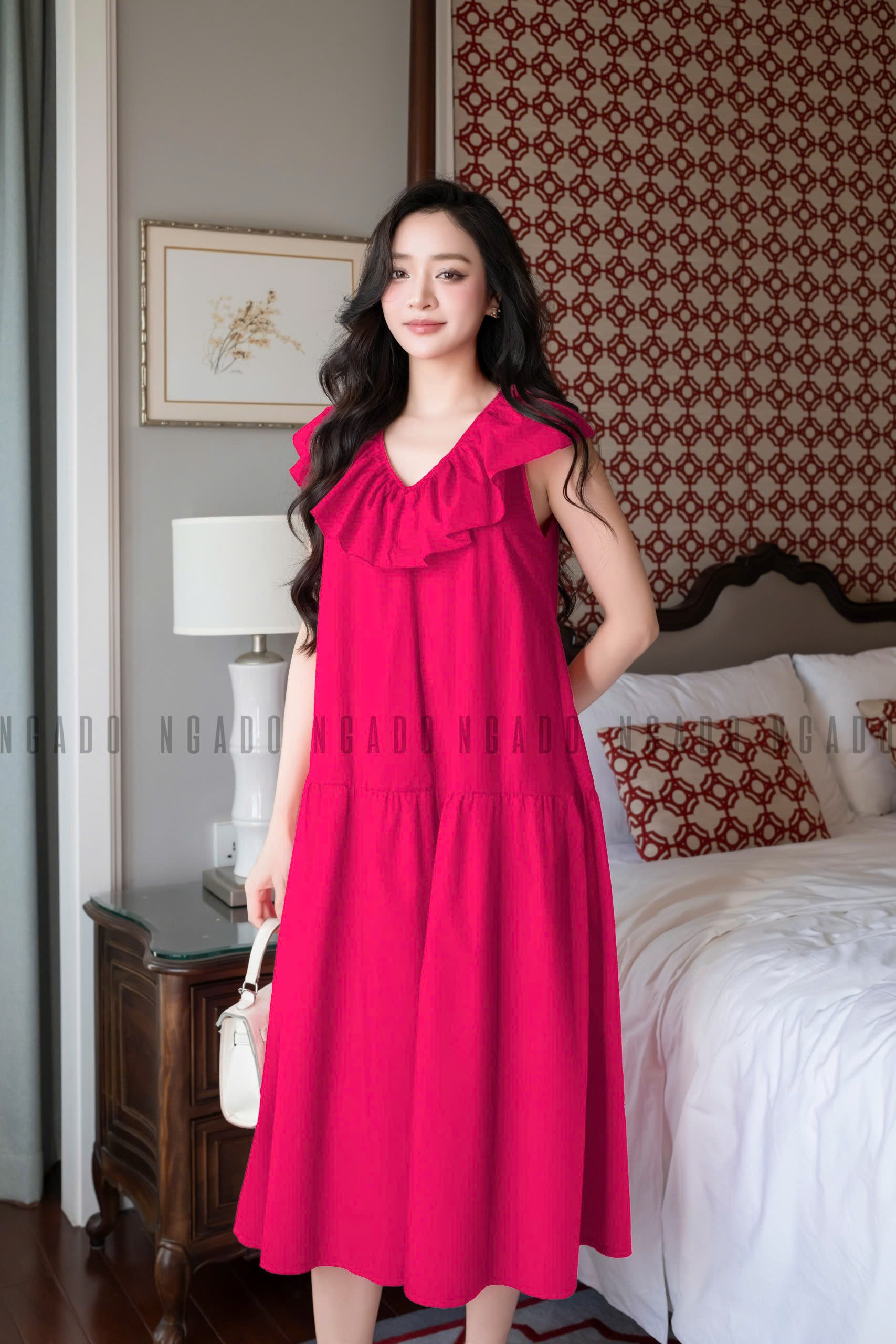 Đầm babydoll hồng sen cổ nhún NGADO , đầm babydoll dài , đầm kiểu Nữ