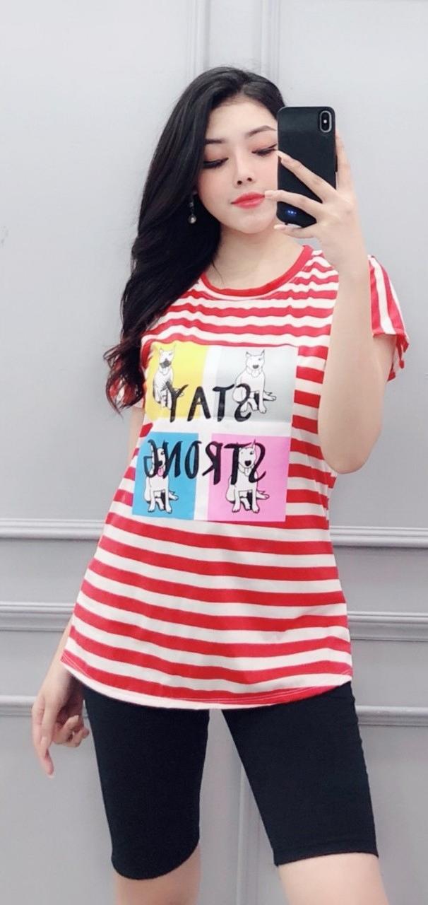 Đồ bộ mặc nhà nữ áo sọc ngang hình cún con dễ thương