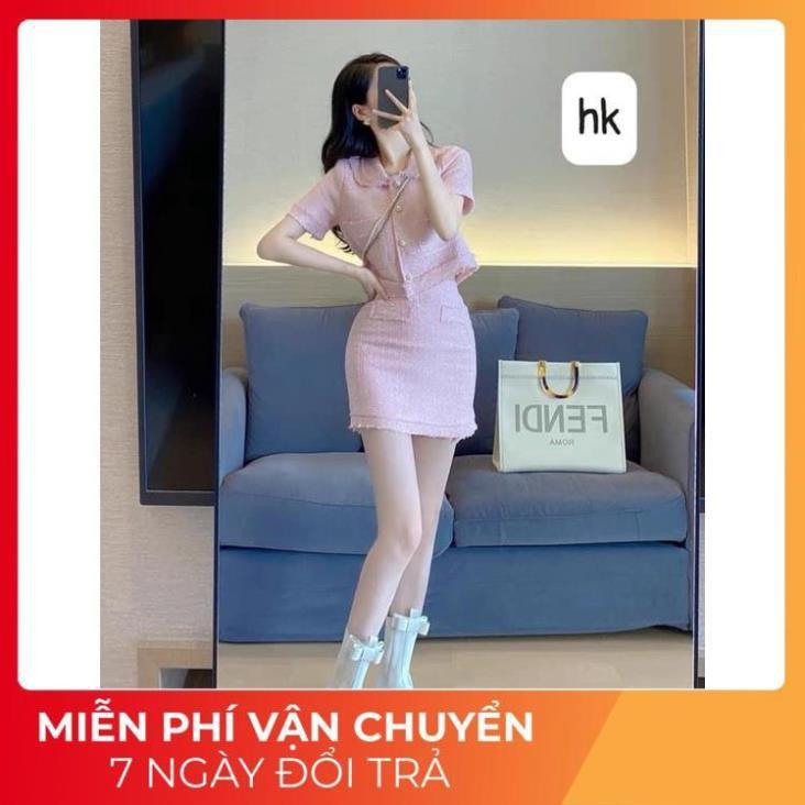 Set váy áo dạ nhũ hông chân váy ngắn