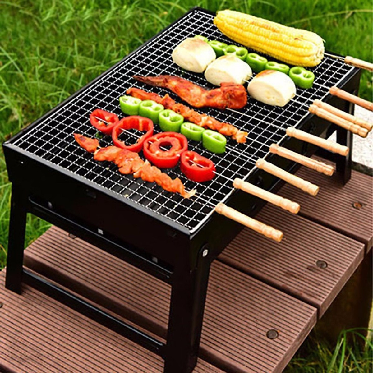 Bếp Nướng Than Hoa Nướng BBQ Kèm Vỉ Nướng Hình Chữ Nhật- Gấp Gọn Tiện Lợi