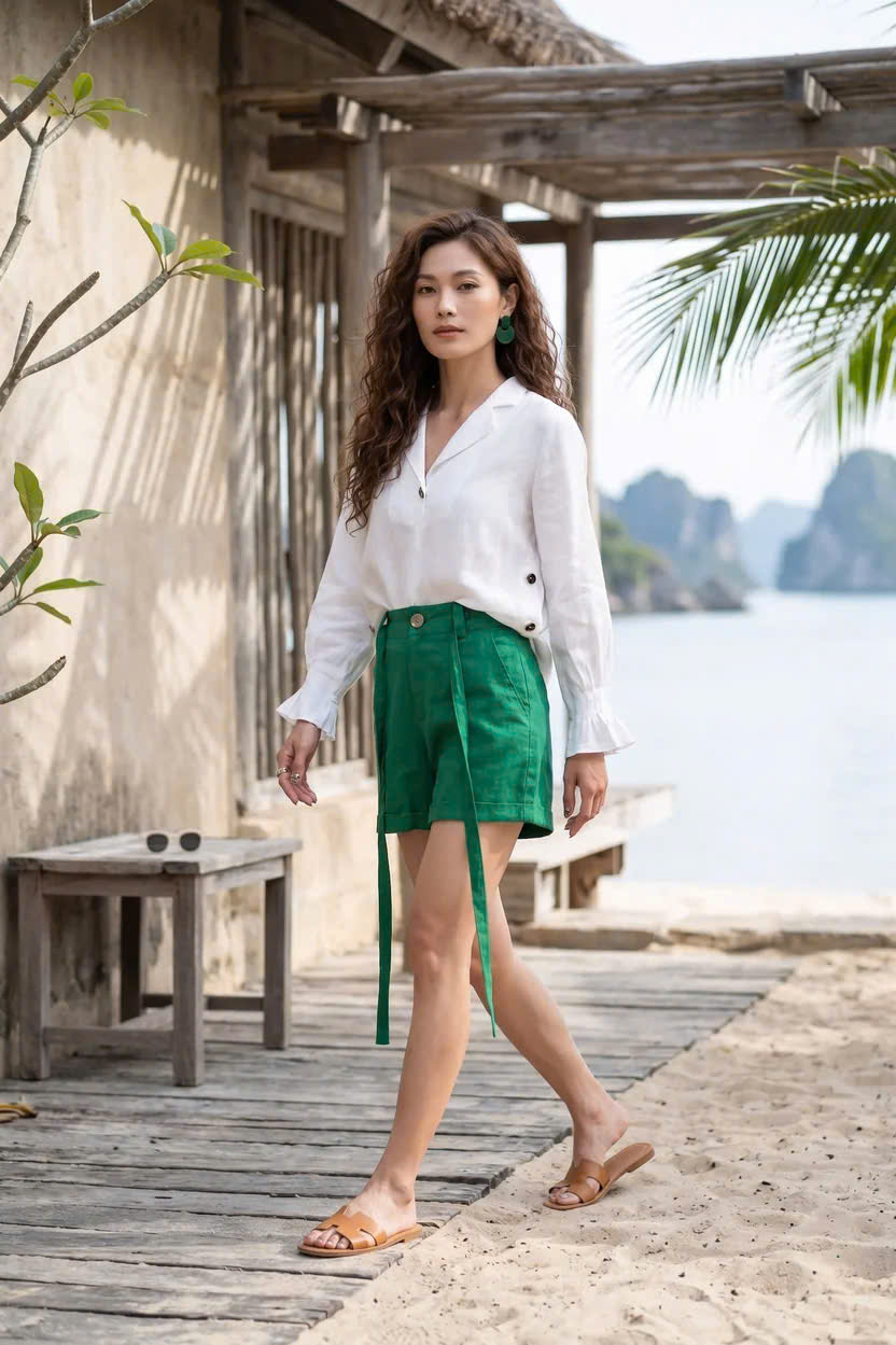 Quần Short Nữ Linen Xanh Lá Pan011 Thời trang Hity
