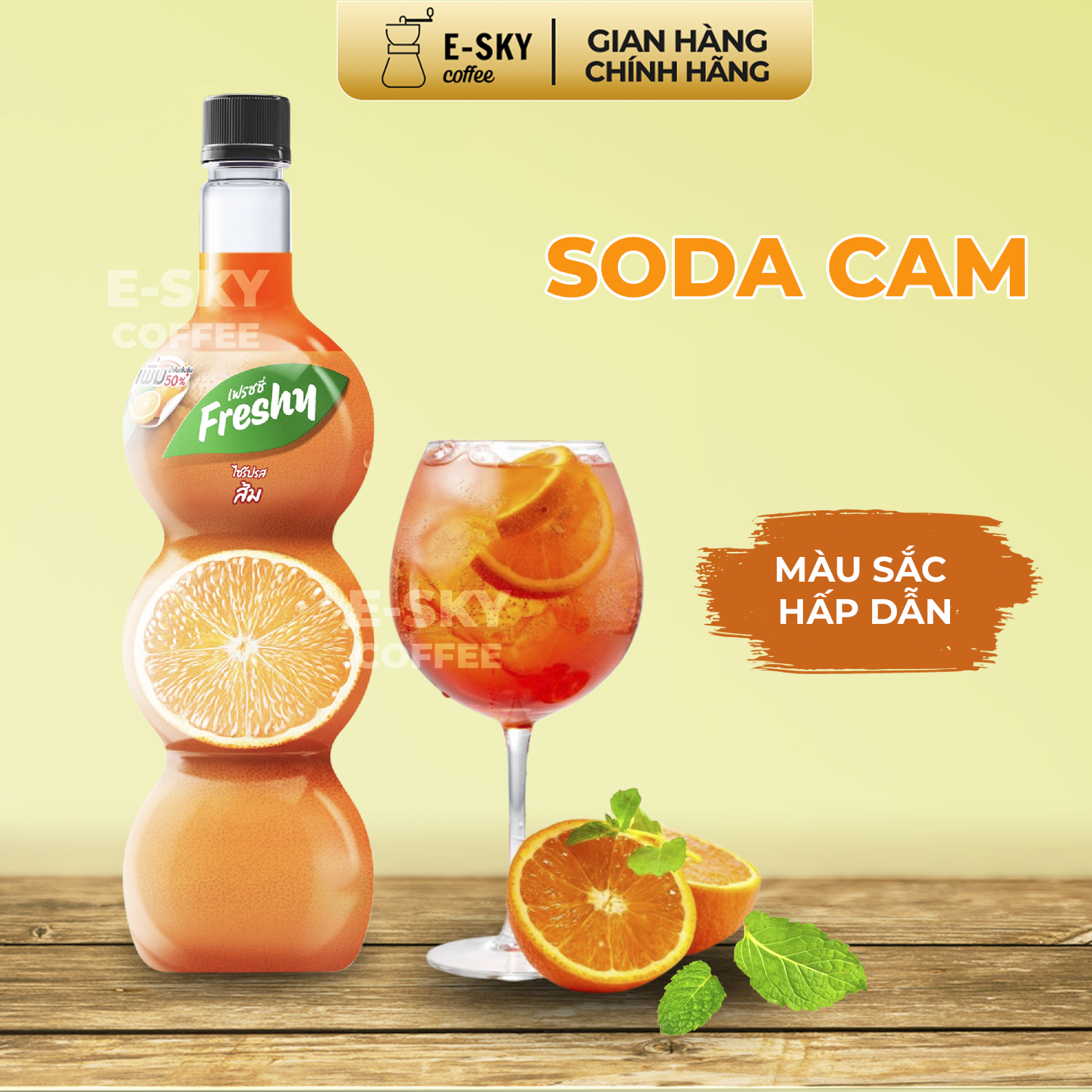 Siro Cam Freshy Orange Syrup Nguyên Liệu Pha Chế Trà Sữa Chai 710ml