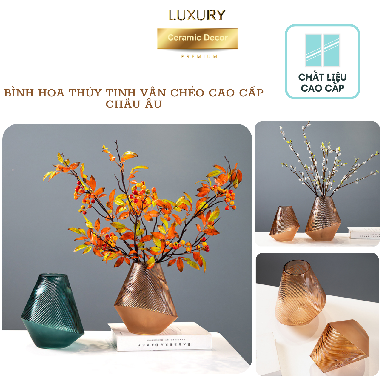 Bình Hoa Thủy Tinh Cao Cấp Họa Tiết Chéo Kiểu Châu Âu DECOR LUXURY  - Hàng Nhập Khẩu