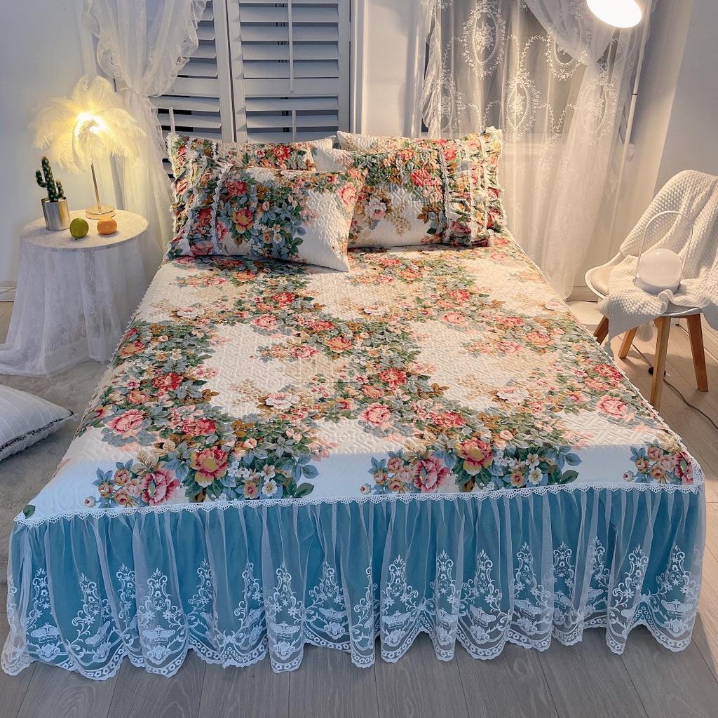 Bộ Ga Gối Phủ Cotton Trần Bông 3 Lớp - Ga Phủ Viền Bèo Đính Ren Công Chúa Hàng Nhập Khẩu
