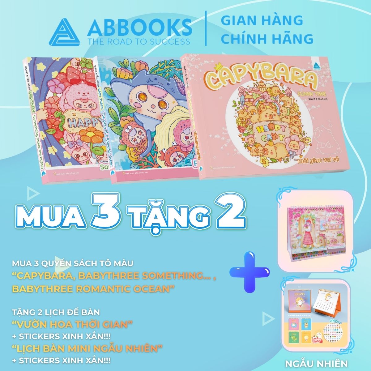 Combo 3 Cuốn Sách Tô Màu Chữa Lành - Tặng 1 Lịch Để Bàn Tô Màu + 1 Lịch Mini Ngẫu Nhiên Kèm Sticker Xinh Xắn 2026 - ABBOOKS