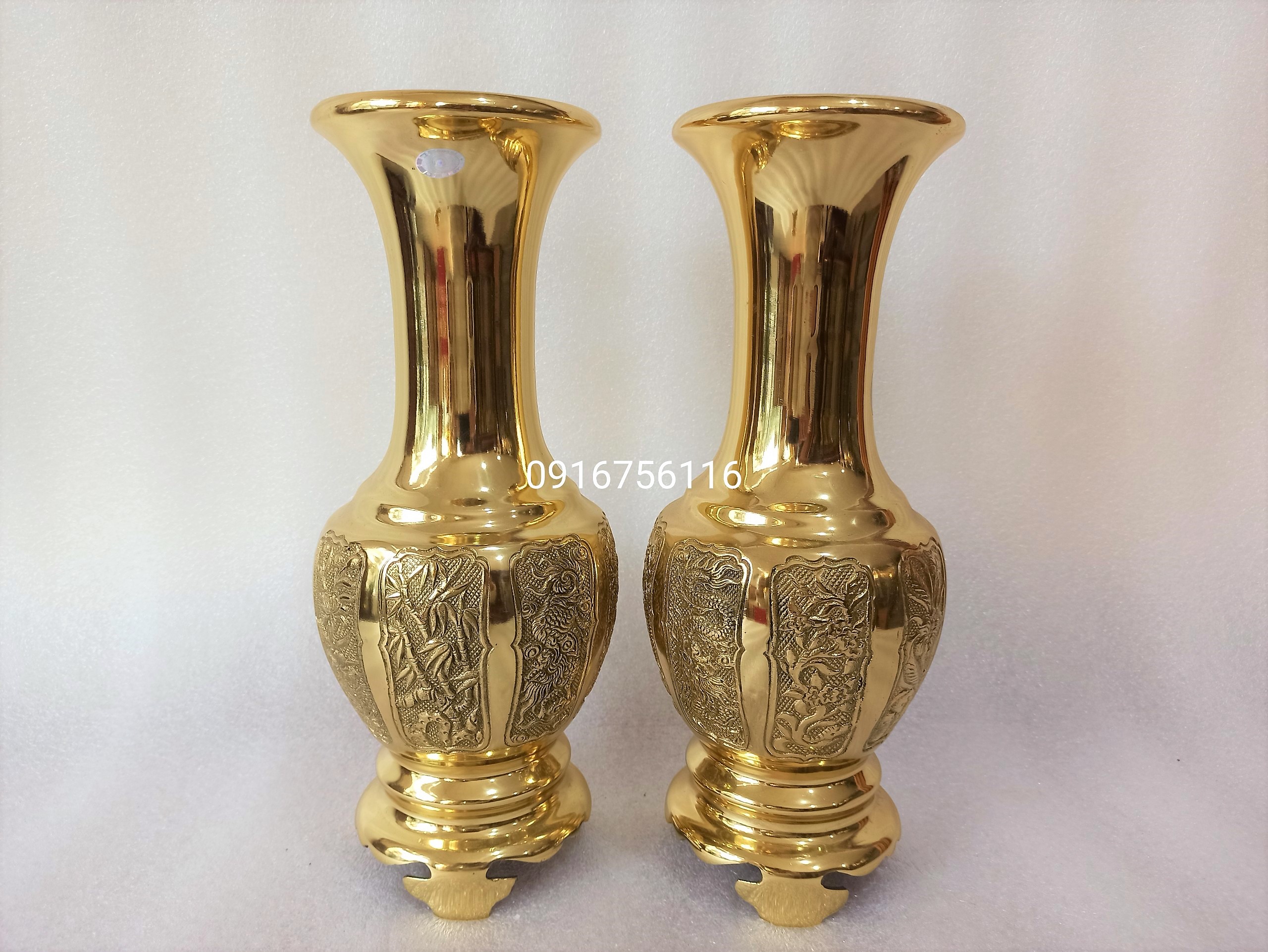 Lọ hoa, bình bông đồng chạm Tùng Cúc Trúc Mai 36cm nặng 2.6kg