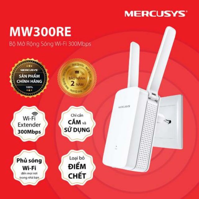 Bộ kích sóng, mở rộng Wifi cắm ổ điện Mercusys 300RE 03 râu (Trắng)