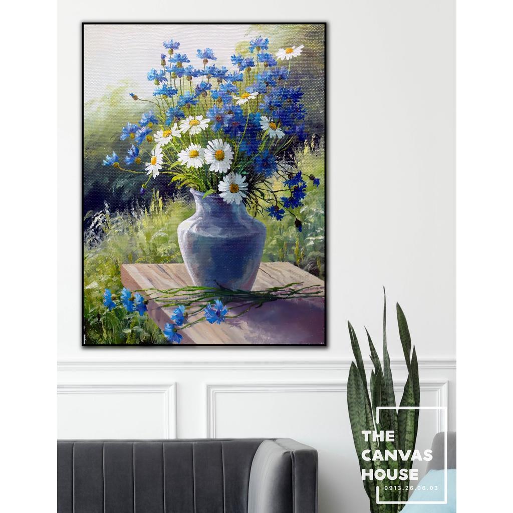 Tranh Canvas Bình Hoa Cúc Xanh Hình thật tại xưởng - Đã có khung, móc, đinh treo - The Canvas House - T1CX - 40x54cm