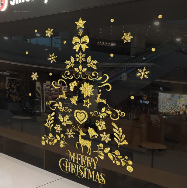 Decal trang trí Noel - Cây thông Noel phụ kiện vàng lấp lánh