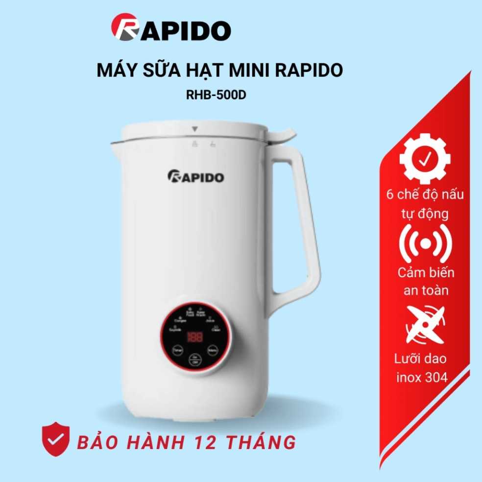 Máy sữa hạt mini RAPIDO RHB-500D, 6 chức năng xay nấu tự động, bảo hành 12 tháng - Hàng chính hãng