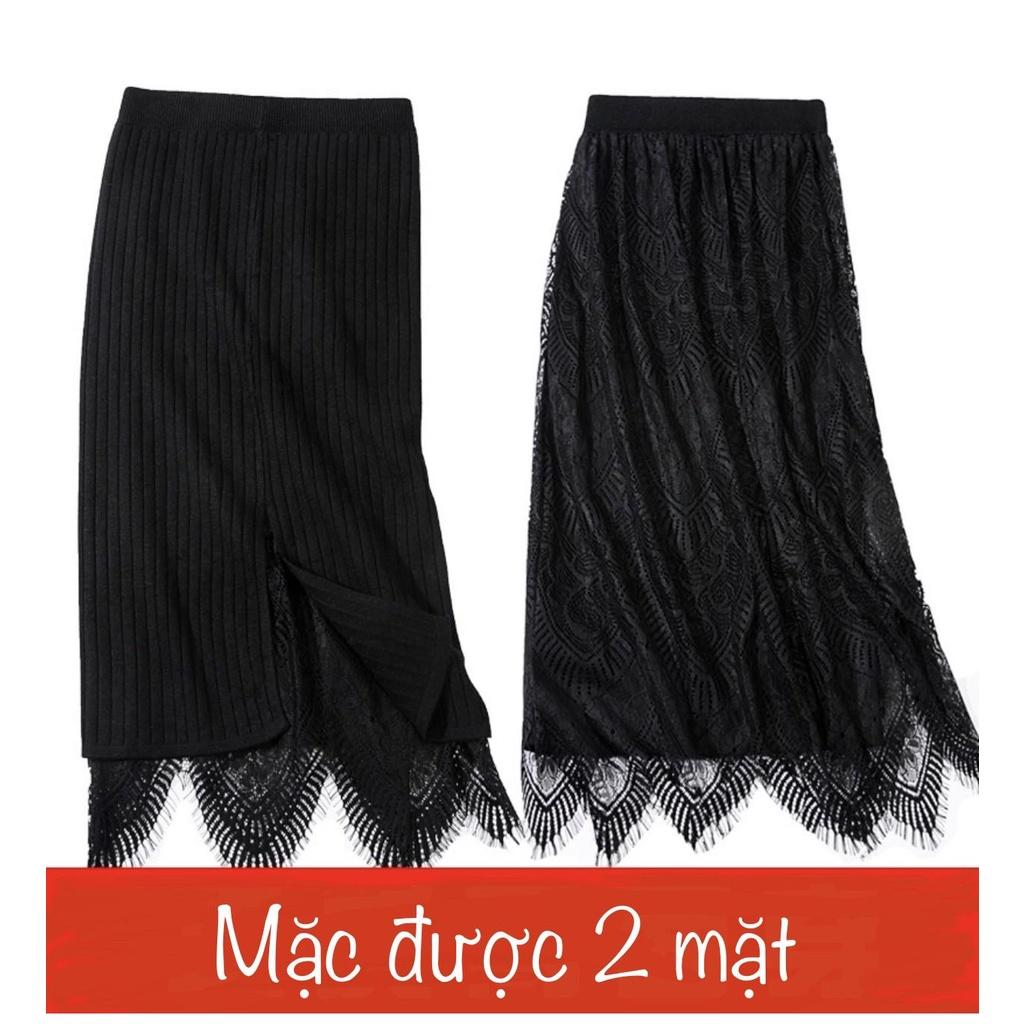 MS1003 Chân váy midi len xẻ tà phối ren mặc được 2 mặt