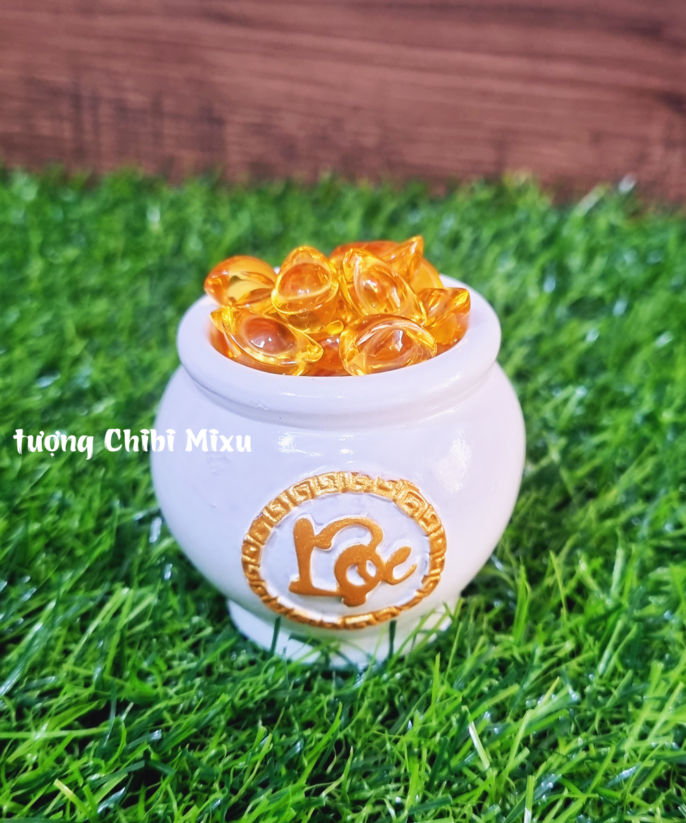 Chum vàng chữ LỘC (gồm 1 chum trắng + 20 hạt gốm mèo + 20 thỏi vàng 1.5cm)