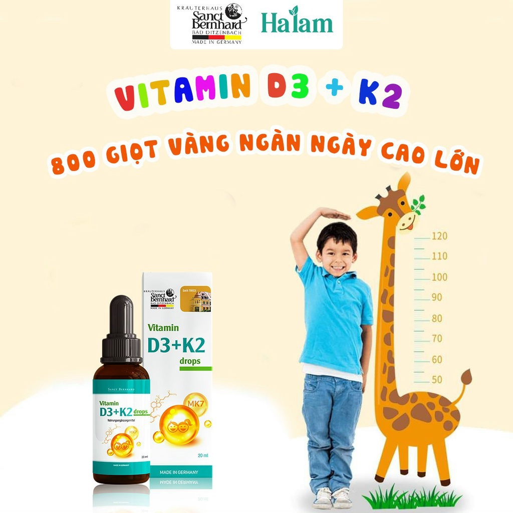 Vitamin D3 K2 MK7 Drops Sanct Bernhard tăng chiều cao, bổ sung canxi giúp xương răng chắc khỏe, bé ngủ ngon (Hộp 10ml)