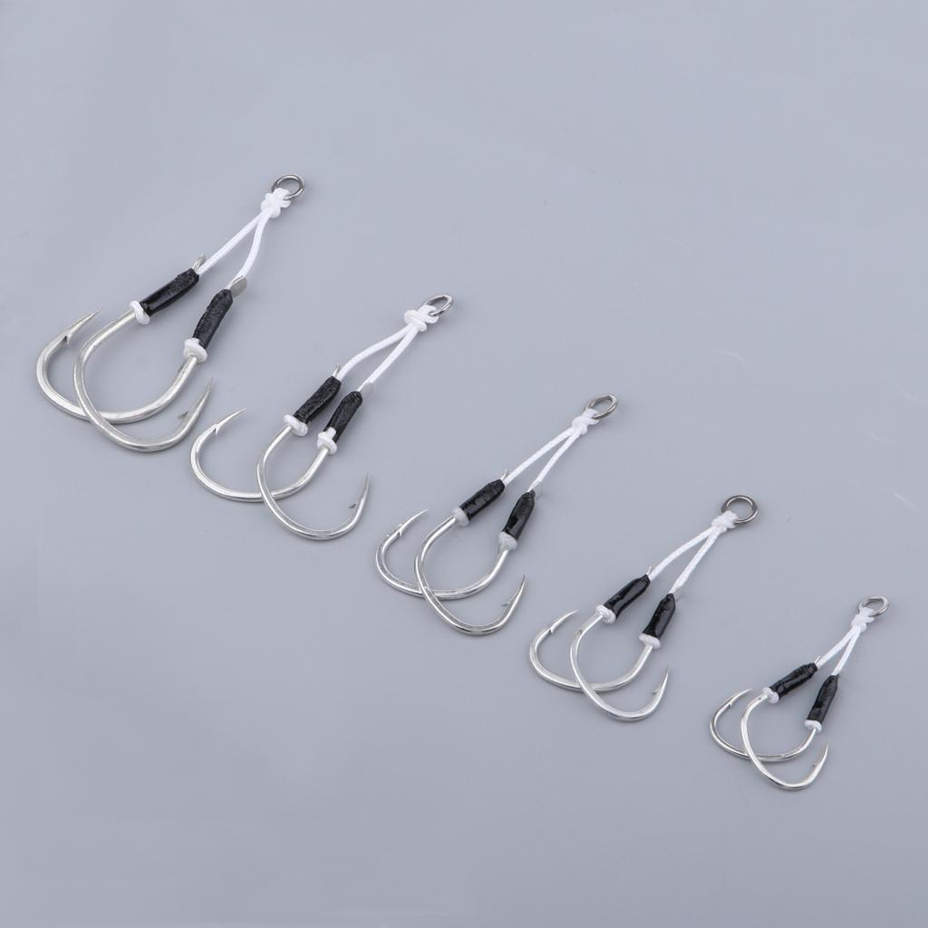 2 Pieces Carbon Steel Fishing Jig Hooks Barbed Assist Hooks with PE Line A