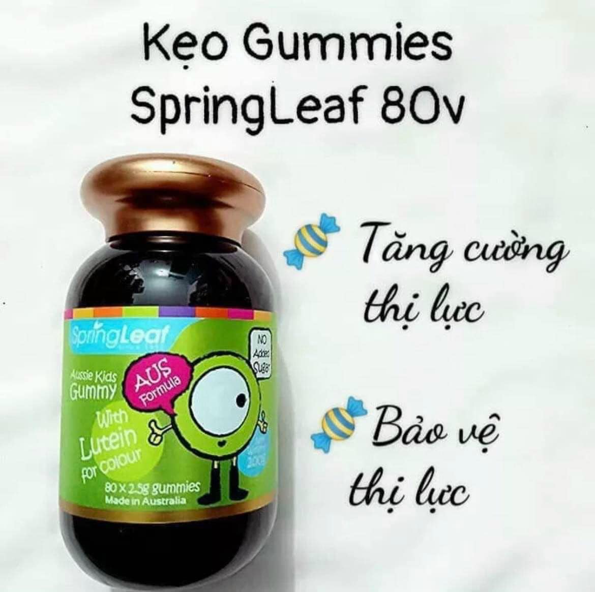 kẹo dẻo bổ mắt cho bé Spring Leaf Aussie Lutein Kids Gummy của ÚC 80 viên - tem xanh