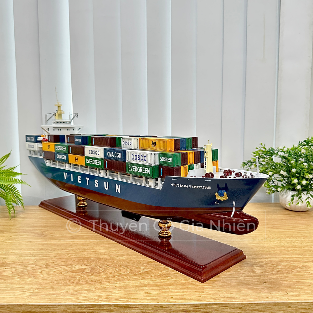 Mô Hình Thuyền Gỗ Phong Thủy Gia Nhiên, Thuyền Container Gỗ VIETSUN FOTUNER, Dài 70cm, Thuyền Xuất Khẩu Cao Cấp