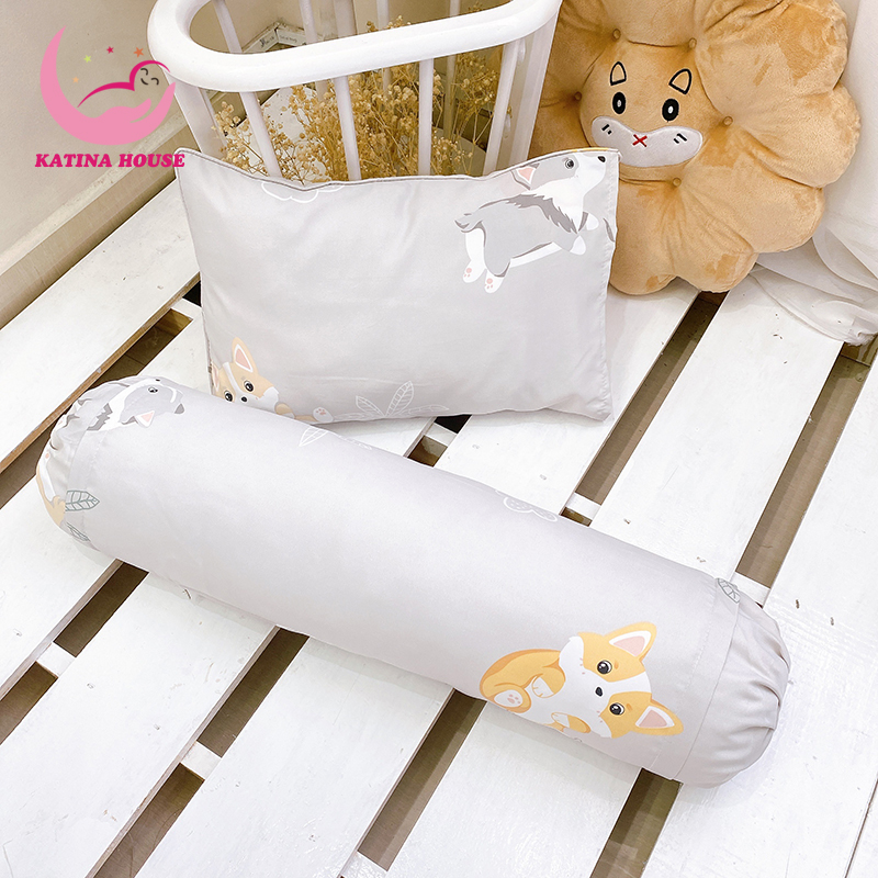 Bộ gối nằm trẻ em cho bé 1-10 tuổi, gòn lông vũ nhân tạo vải tencel mềm thoáng mát - CÚN CON - Bộ gối nằm 30x45cm ôm 70cm