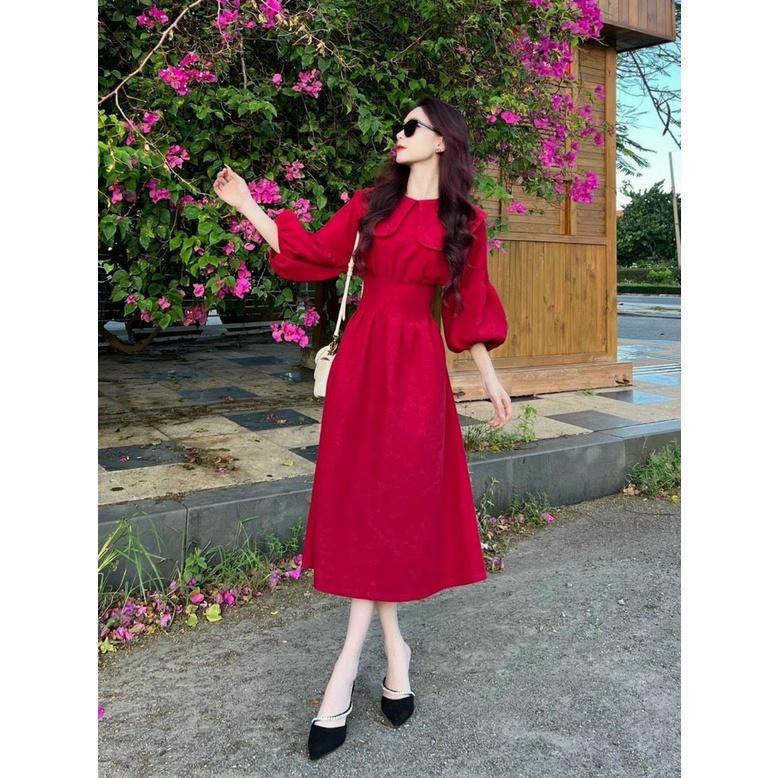 Đầm váy midi xếp ly eo tay phồng cổ lá xinh xắn