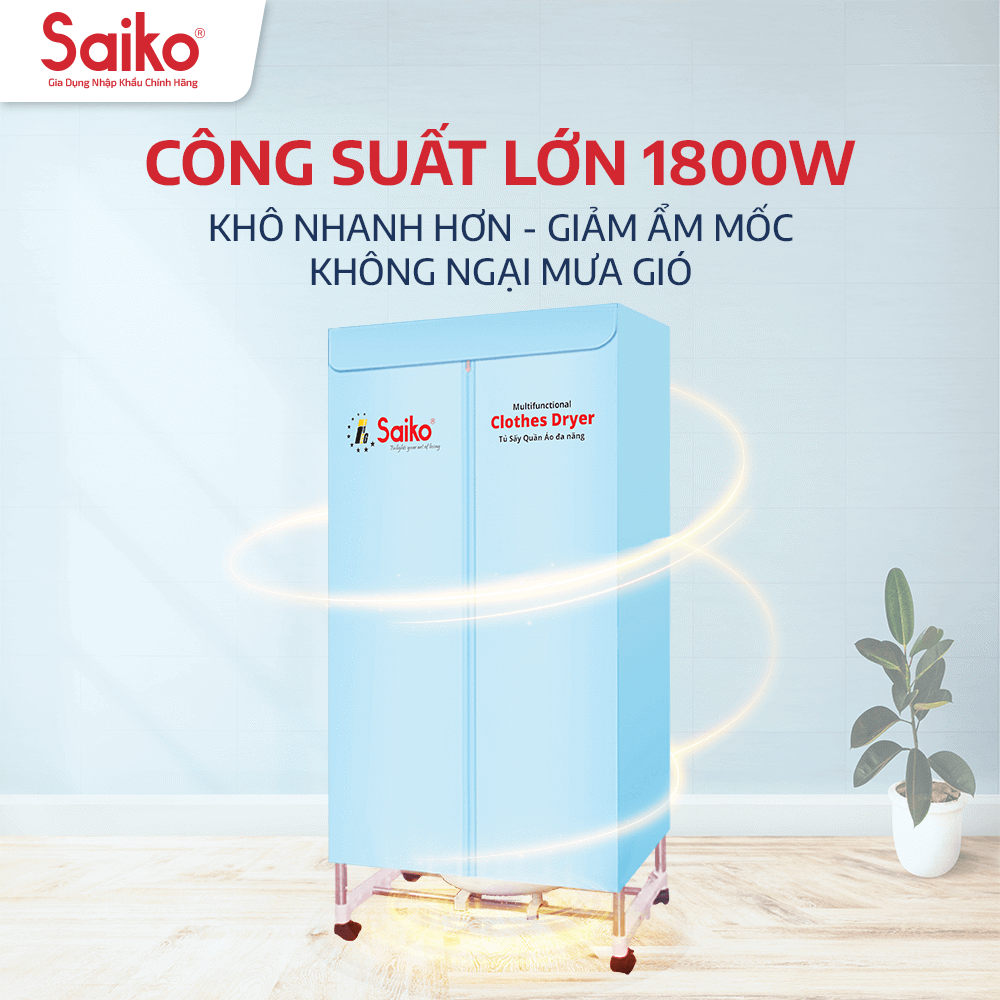 Tủ Sấy Quần Áo Đa Năng Thanh Khung Inox To Dày Saiko CD-1800 - Màu Ngẫu Nhiên - Hàng Chính Hãng