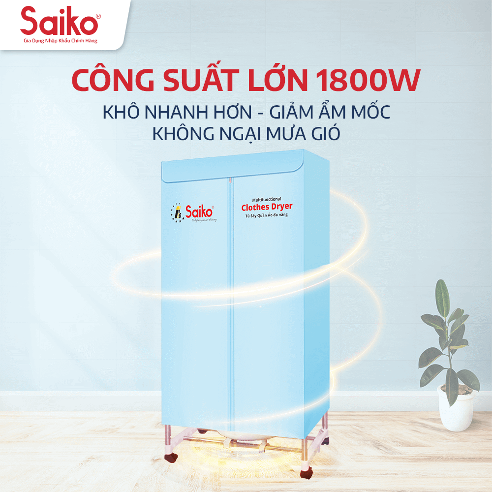 Tủ Sấy Quần Áo Đa Năng Thanh Khung Inox To Dày Saiko CD-1800 (1800W) - Màu Ngẫu Nhiên - Hàng Chính Hãng