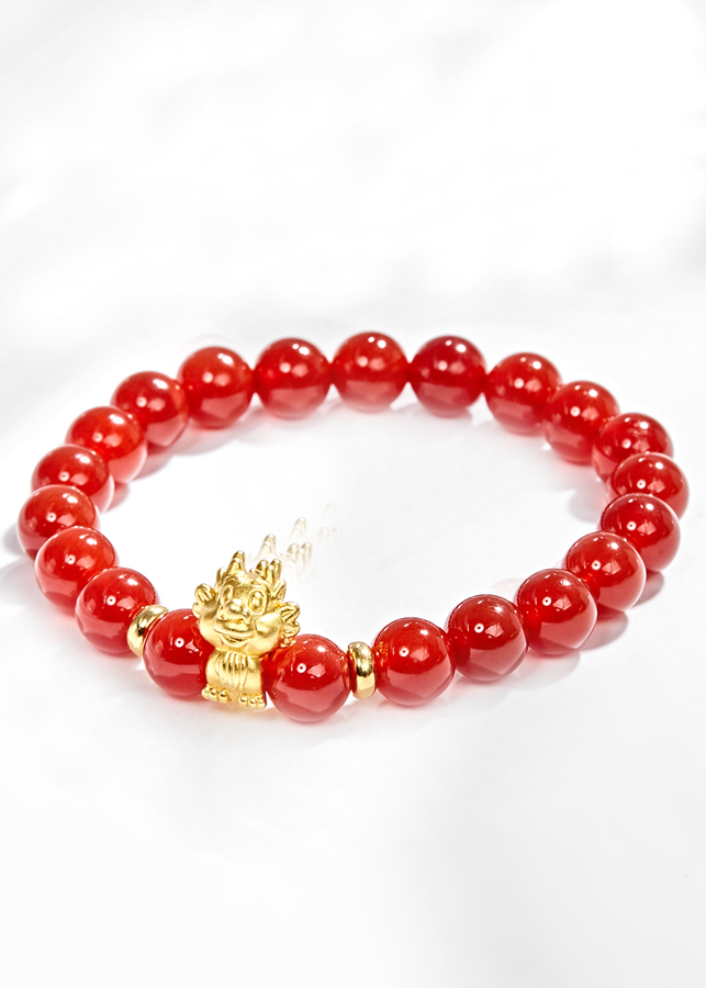 Vòng Tay Đá Mã Não Đỏ Charm Tuổi Thìn Bạc Mạ Vàng 24K