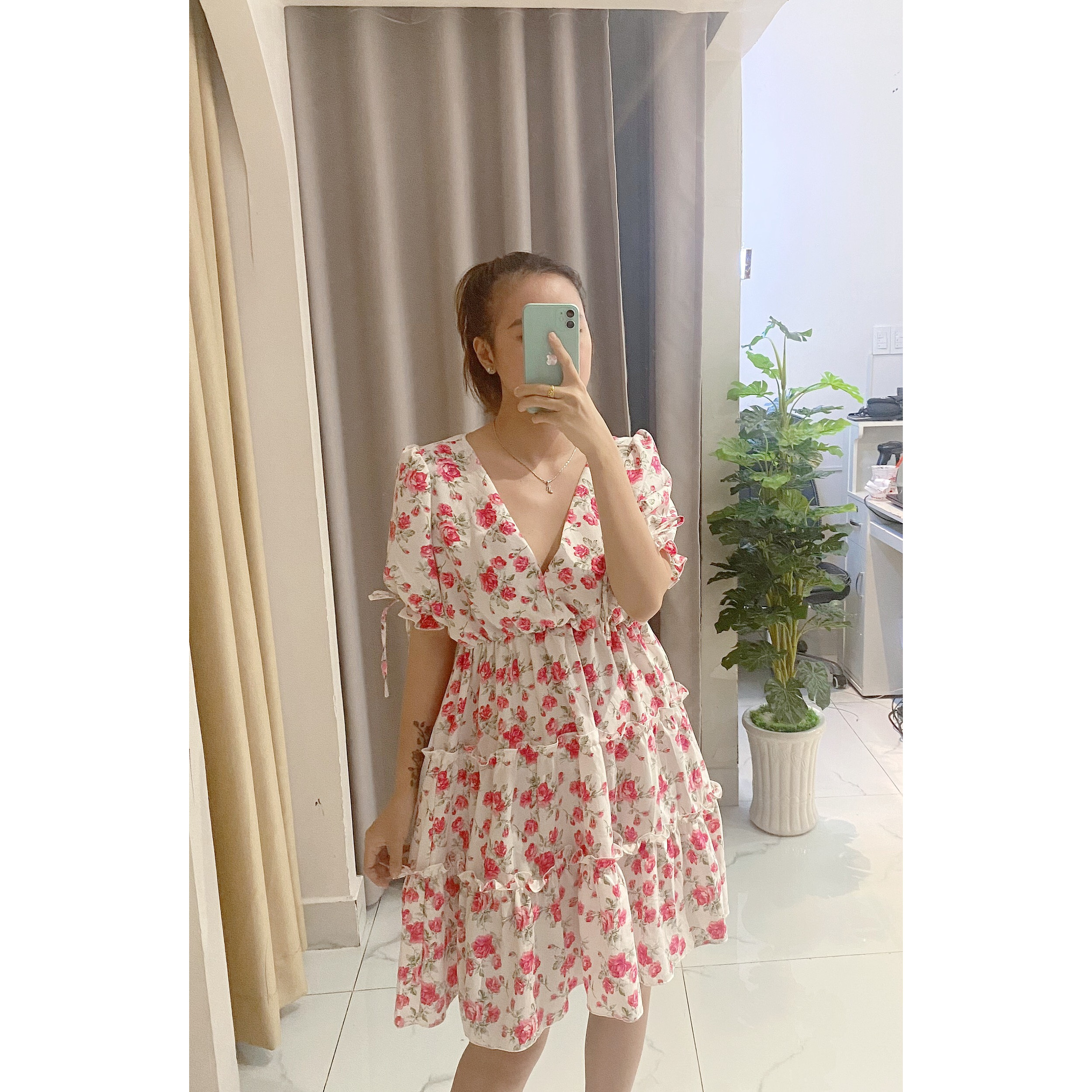 Váy đầm nữ công chúa,váy hoa cổ tim chất lụa bao mát,không nhăn V011