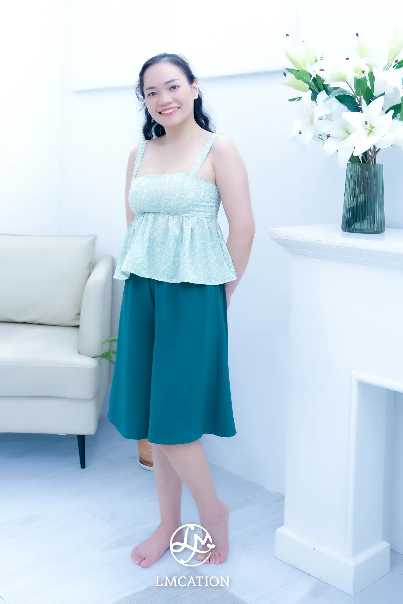 Áo dây mặc nhà LMcation Clara - Hoa Nhí Xanh Cốm