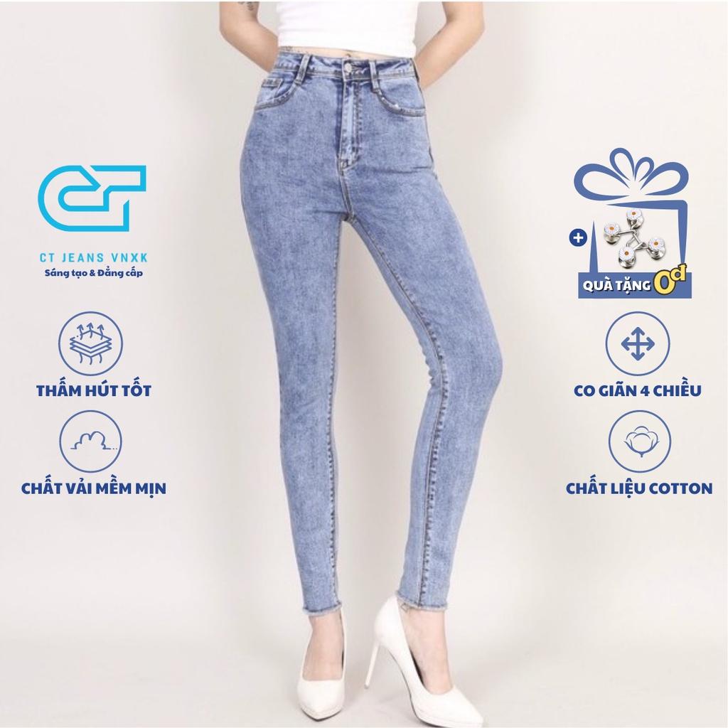 Quần Jean Nữ Skinny xanh đá Cạp Cao co giãn Gấu Tua Rua CT JEANS