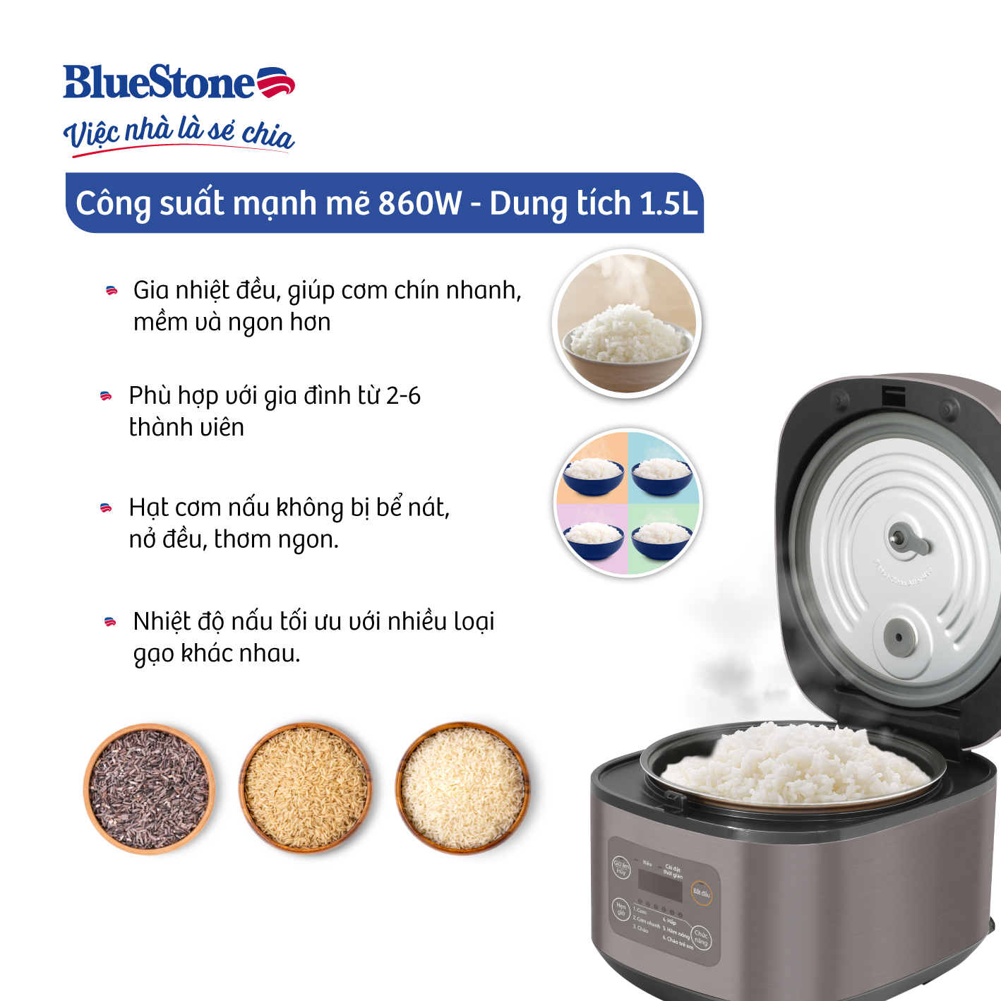 Nồi Cơm Điện Tử BlueStone RCB-5946 - Dung Tích 1,5 lít  - Công suất 860W - Lòng nồi phủ chống dính cao cấp an toàn sức khỏe - 6 chế độ cài đặt sẵn - Bảo hành 2 năm - Hàng chính hãng