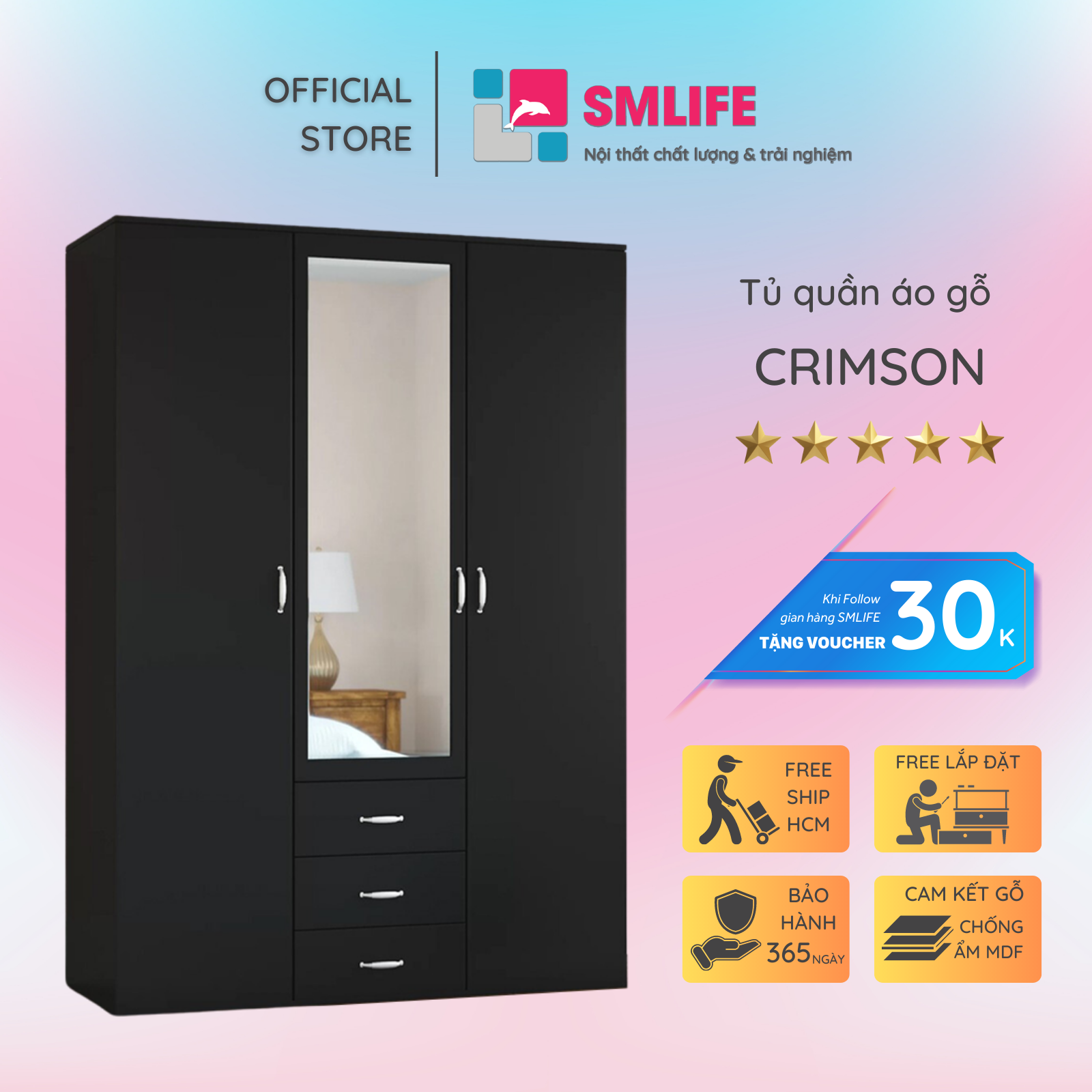 Tủ quần áo gỗ kiểu nhất tự lưu trữ đồ đa dạng SMLIFE Crimson